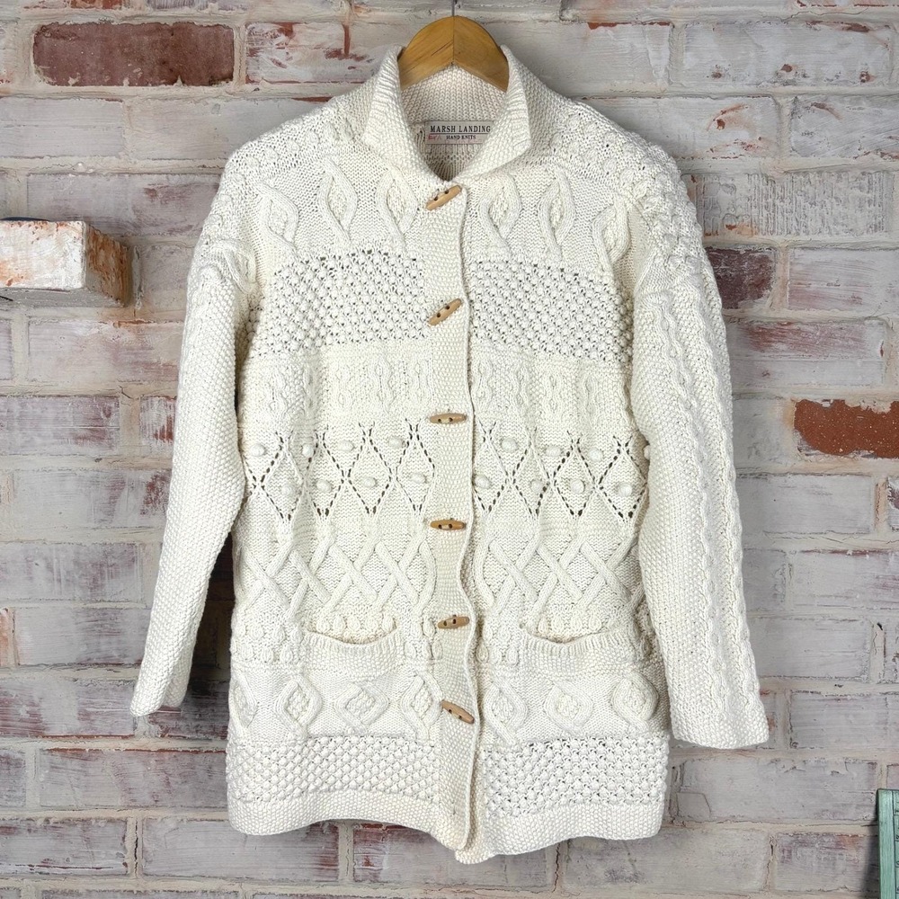 Marsh Landing Hand Knits Cotton Cable Knit Cardigan Cream Cottagecore VTG Chunky